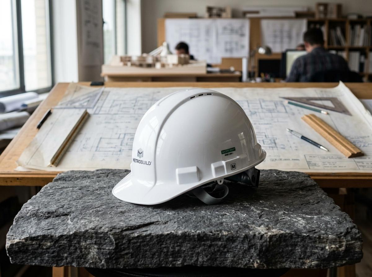 Sleek white construction hardhat on stone architectural table with blueprints